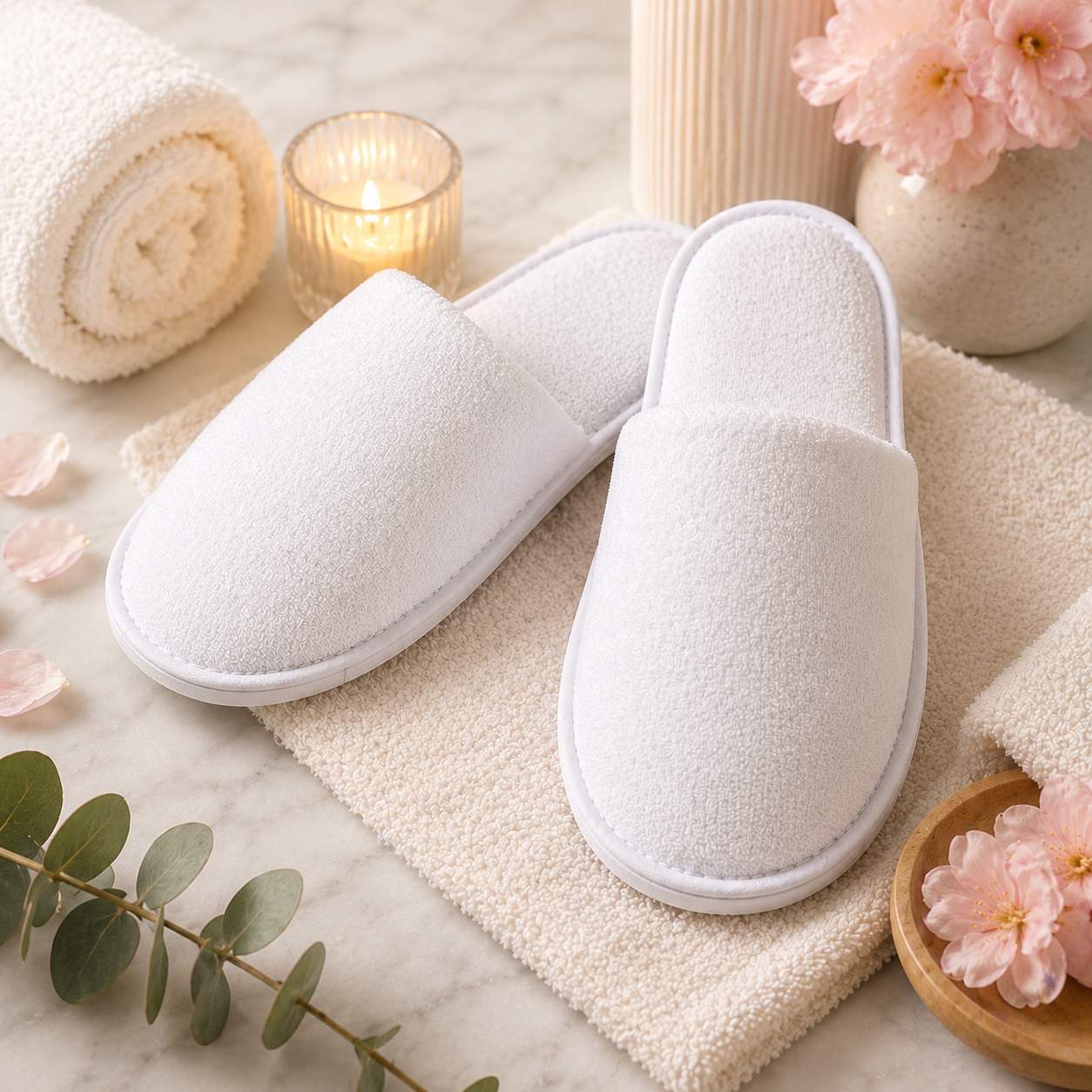 White LashPro spa slippers styled on a soft towel with candles, flowers, and spa accessories in a luxury salon setting.